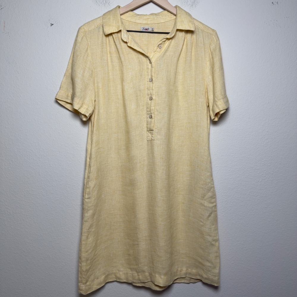 Faherty Womens 100% Linen Hanna Dress Small Yellow Short Sleeve Button Front